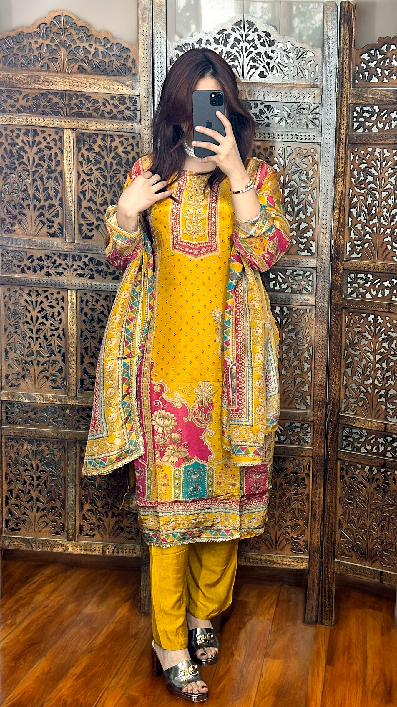 Mustard Yellow Tissue Shimmer Printed Suit Set