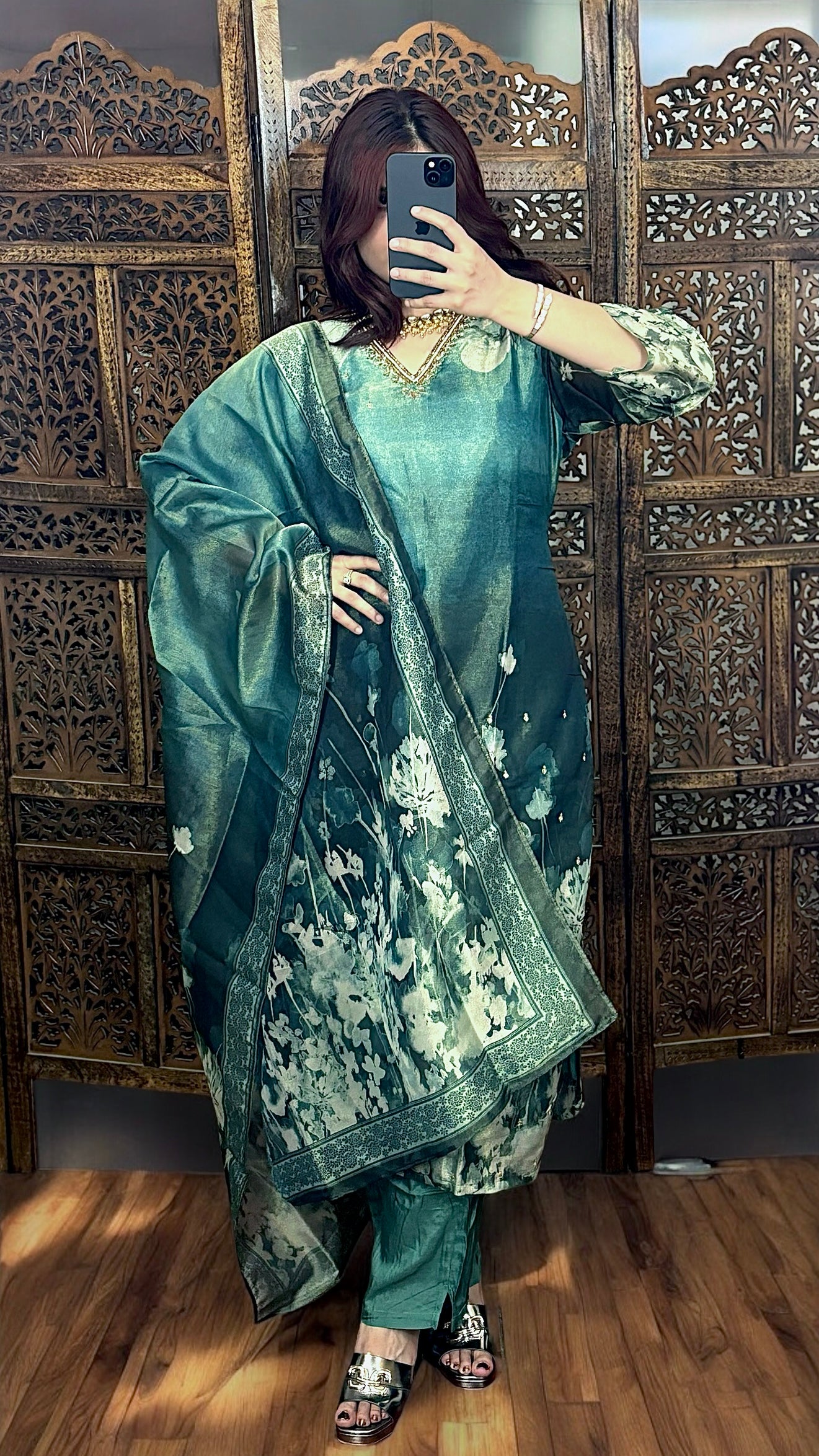 Bottle Green Organza Digital Printed Kurta Set