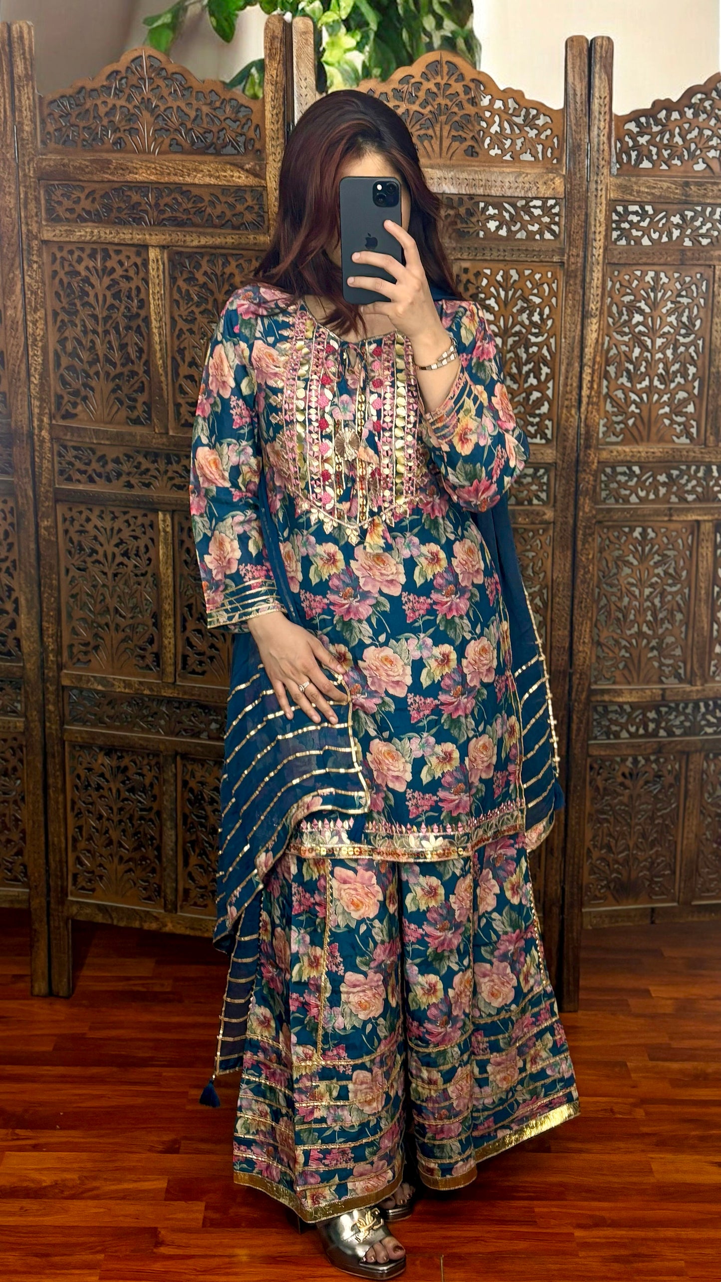 Midnight Blue Embroidered Sharara Set with Floral Motifs & Gota Patti