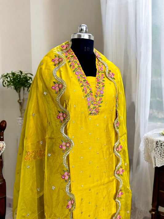 Amber Yellow & Pink Embroidered Roman Silk Suit Set