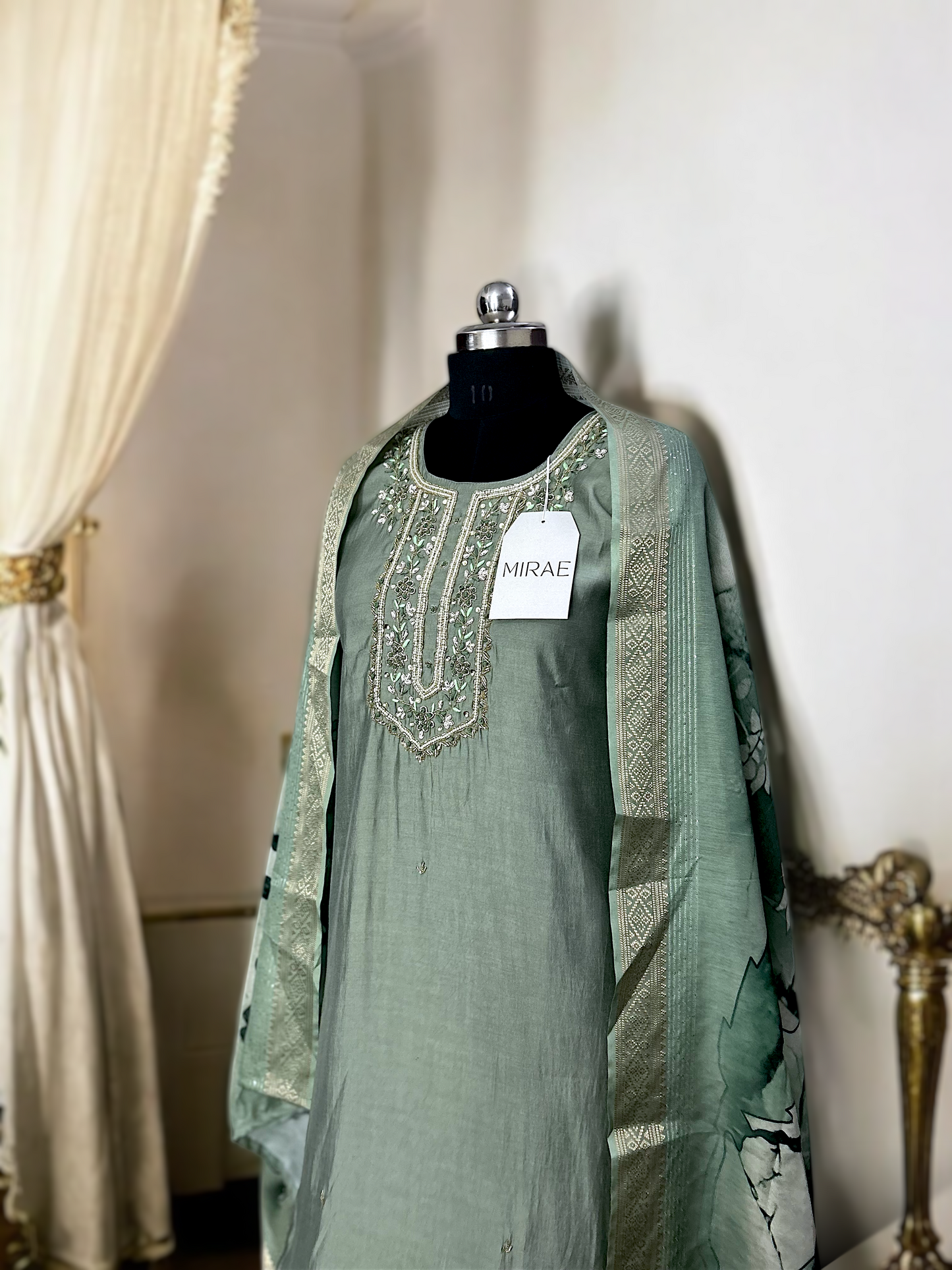 Pistachio Green Embroidered Roman Silk Suit Set with Digital Print Dupatta