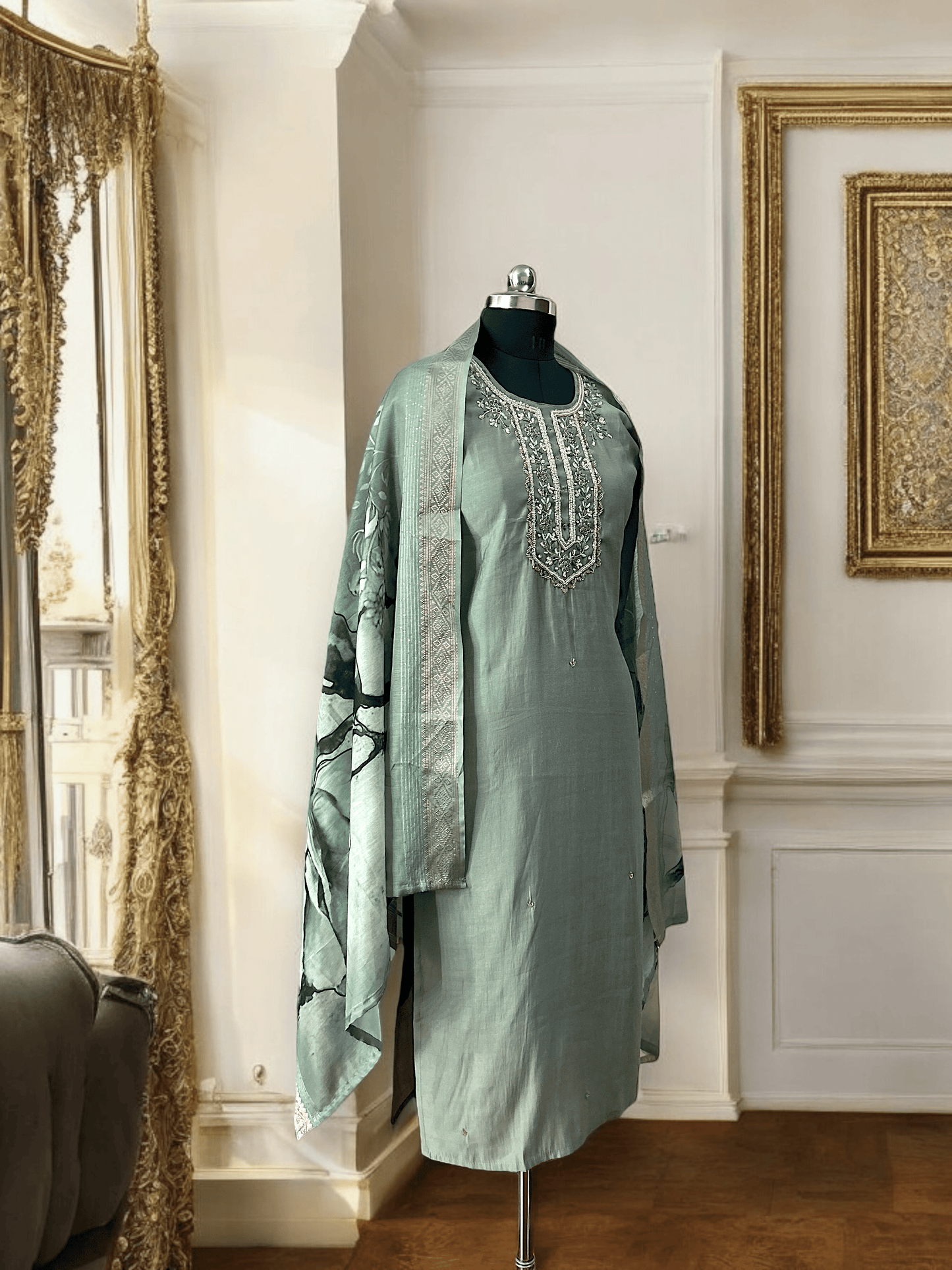 Pistachio Green Embroidered Roman Silk Suit Set with Digital Print Dupatta