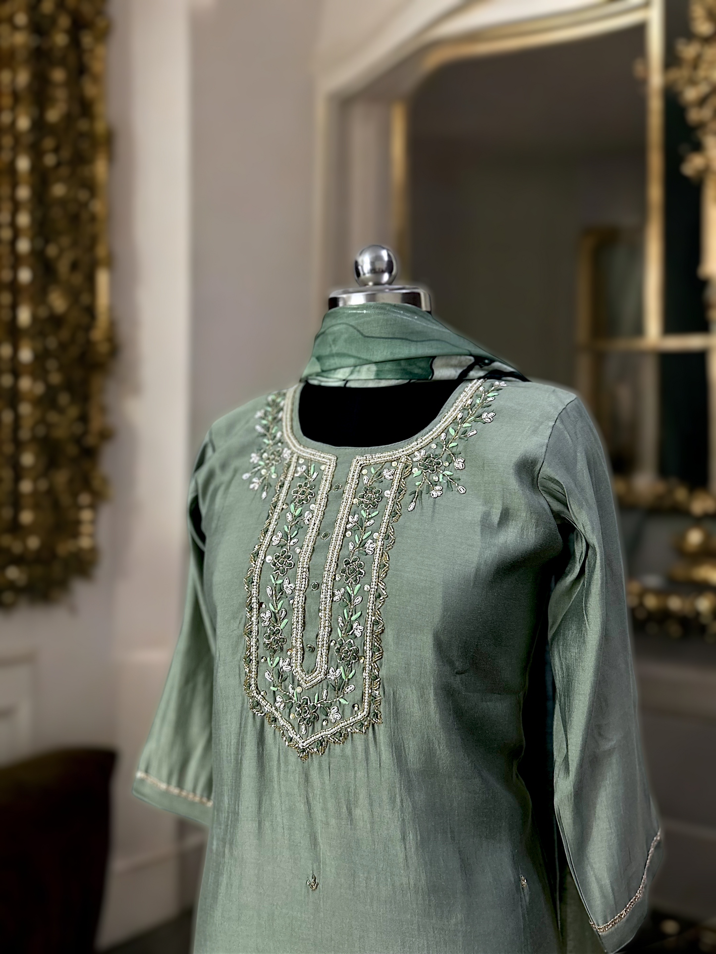 Pistachio Green Embroidered Roman Silk Suit Set with Digital Print Dupatta