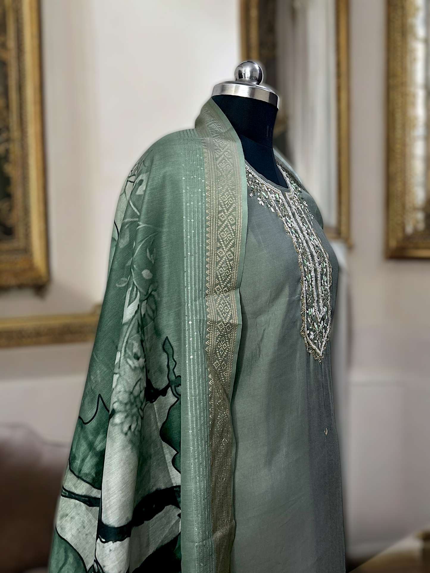 Pistachio Green Embroidered Roman Silk Suit Set with Digital Print Dupatta