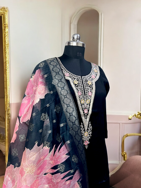 Black Roman Silk Embroidered Suit Set with printed Silk Banarasi Dupatta