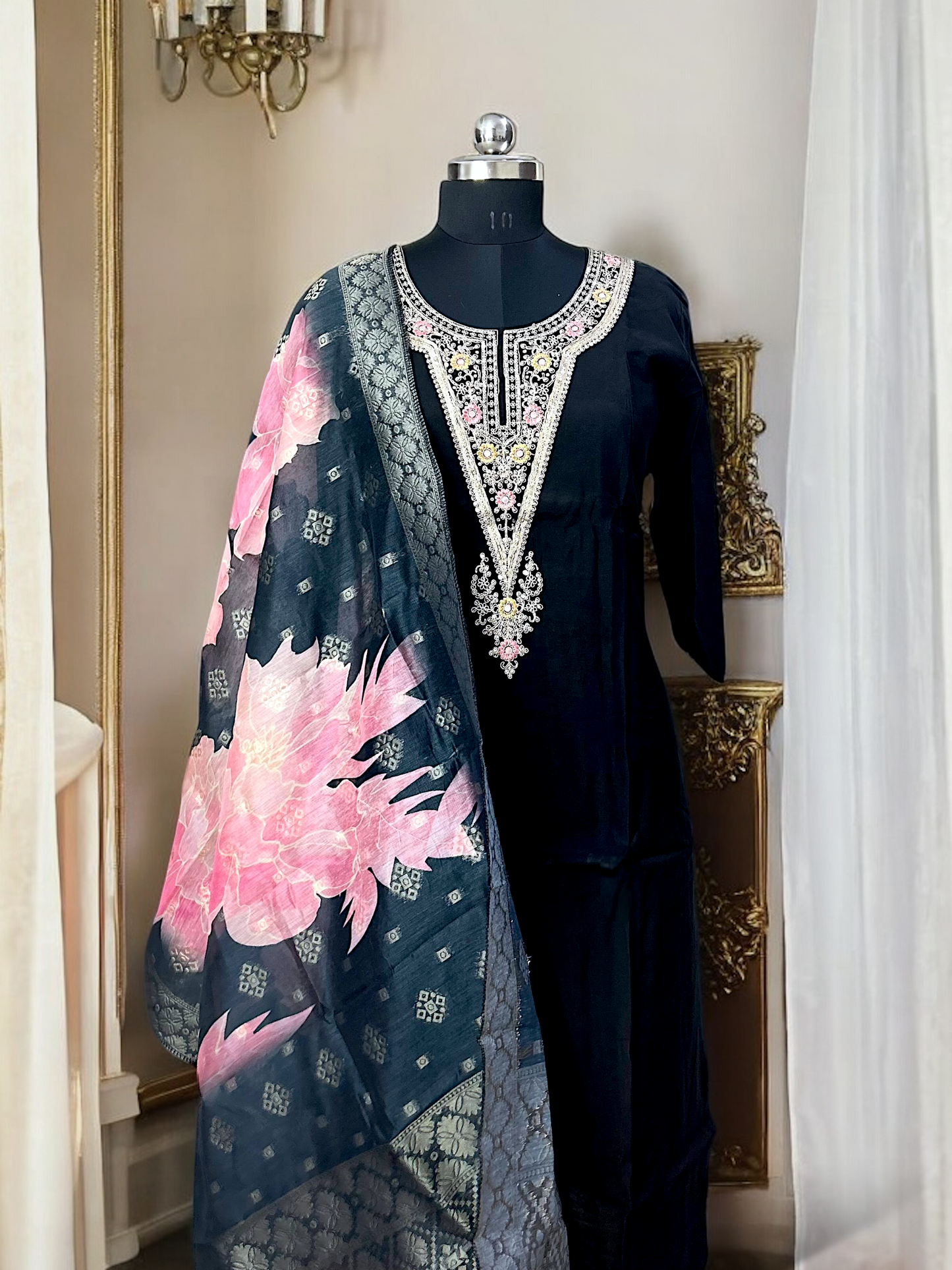 Black Roman Silk Embroidered Suit Set with printed Silk Banarasi Dupatta