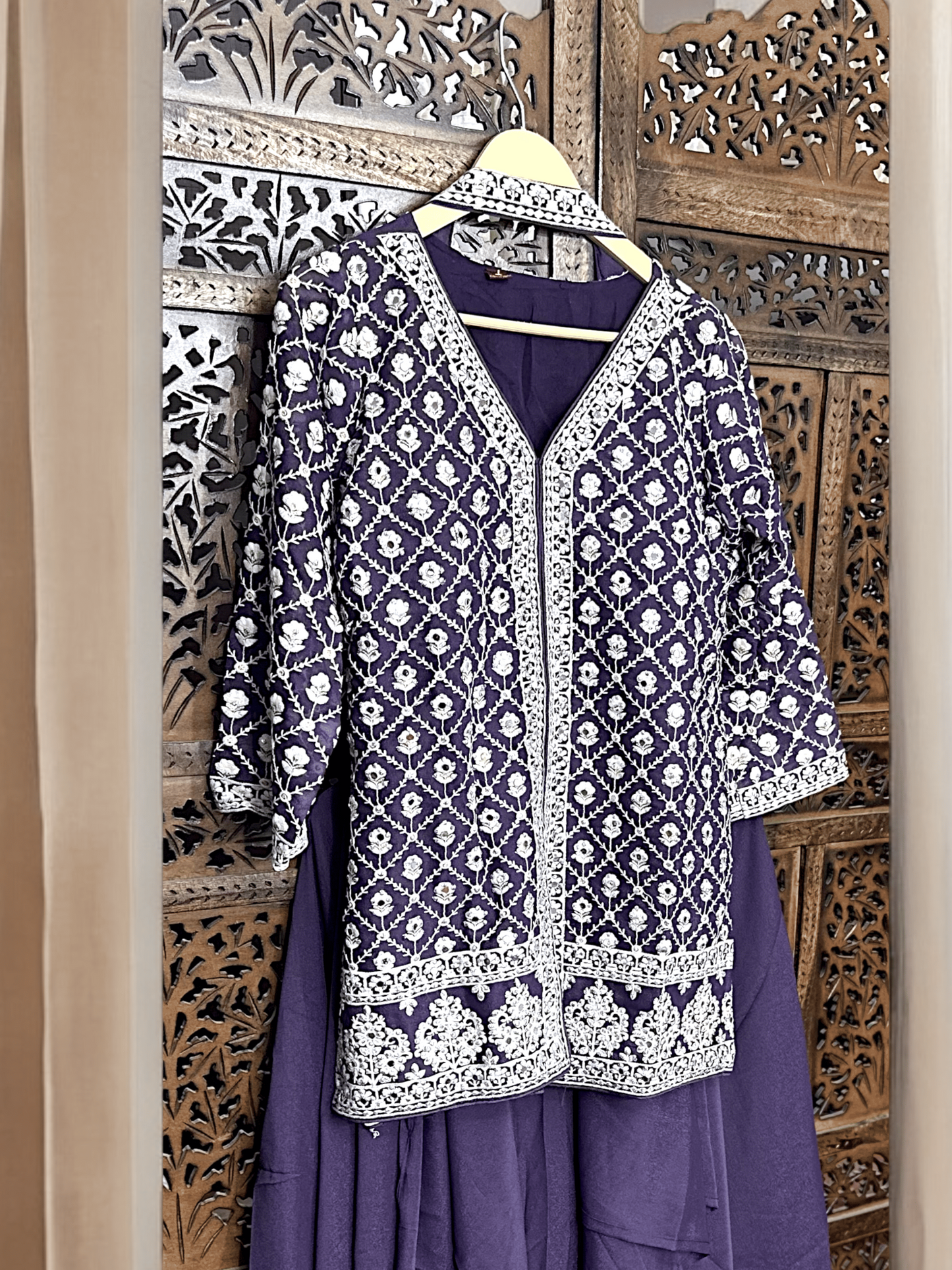 Purple Embroidered Mirror Work Jacket Gharara Set with Choker Dupatta