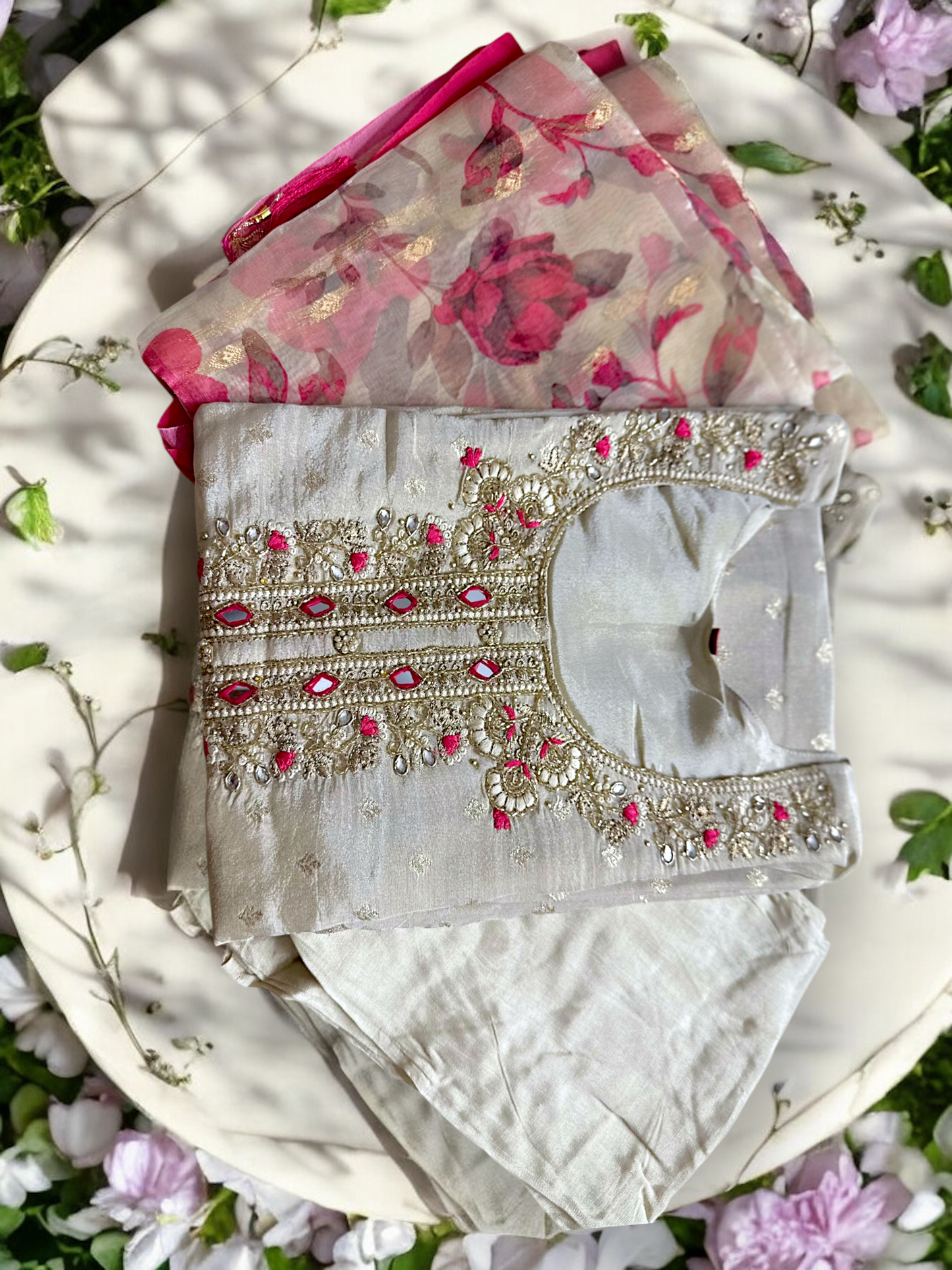 Ivory Tissue Jacquard Suit Set with Printed Silk Dupatta