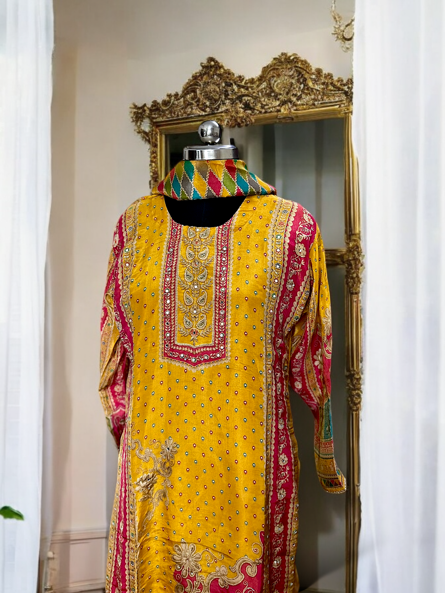 Mustard Yellow Tissue Shimmer Printed Suit Set