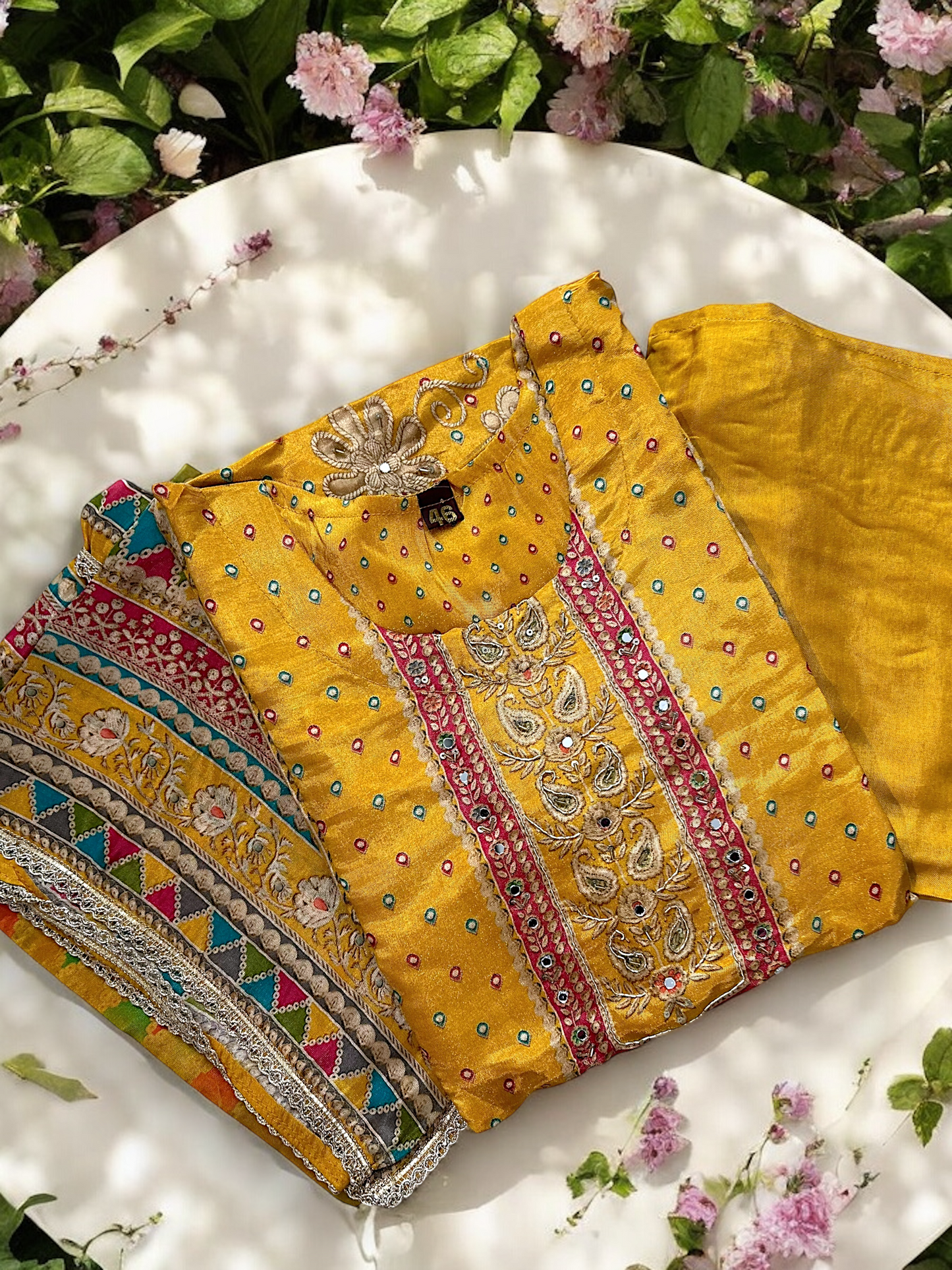 Mustard Yellow Tissue Shimmer Printed Suit Set