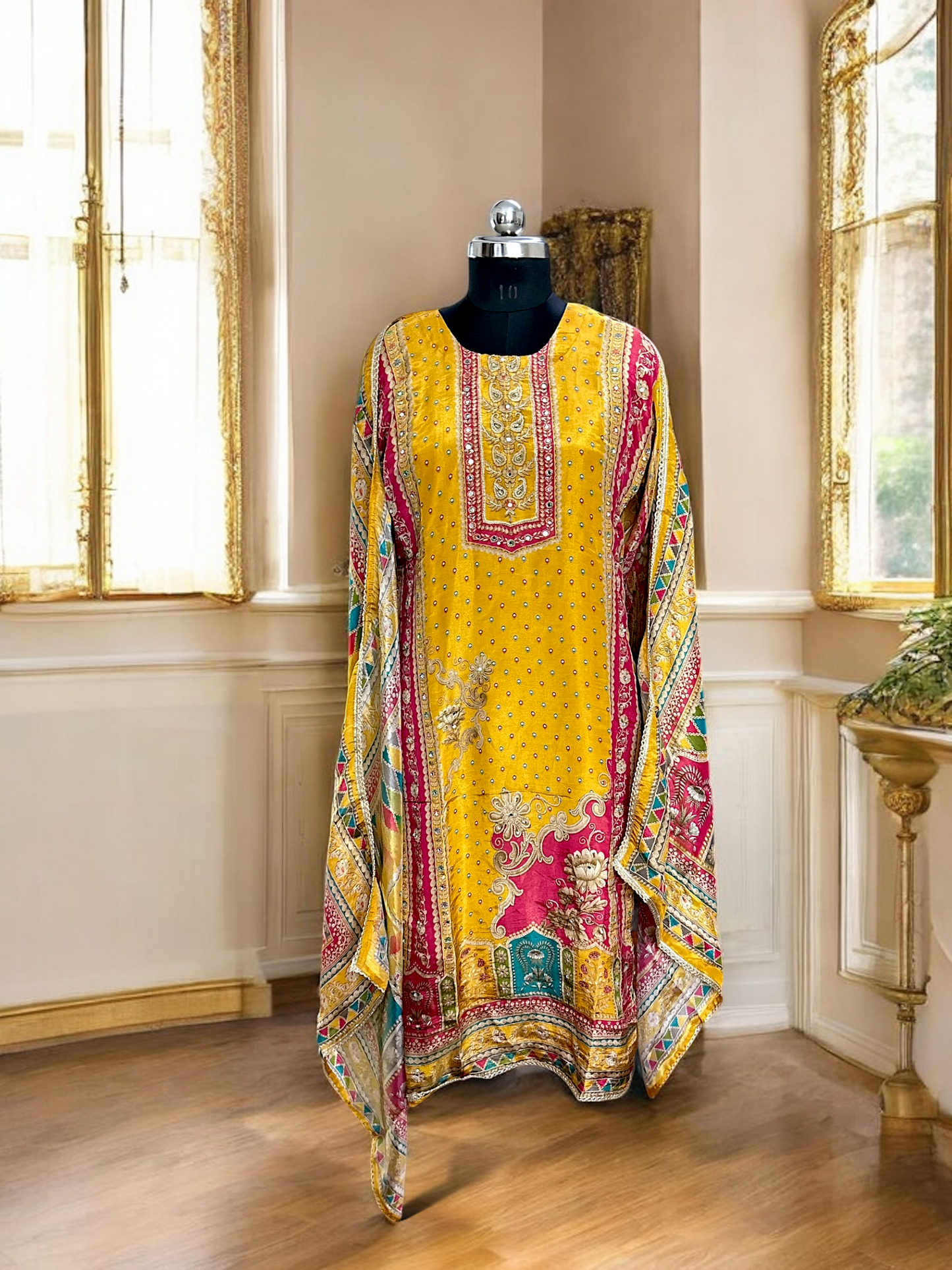 Mustard Yellow Tissue Shimmer Printed Suit Set